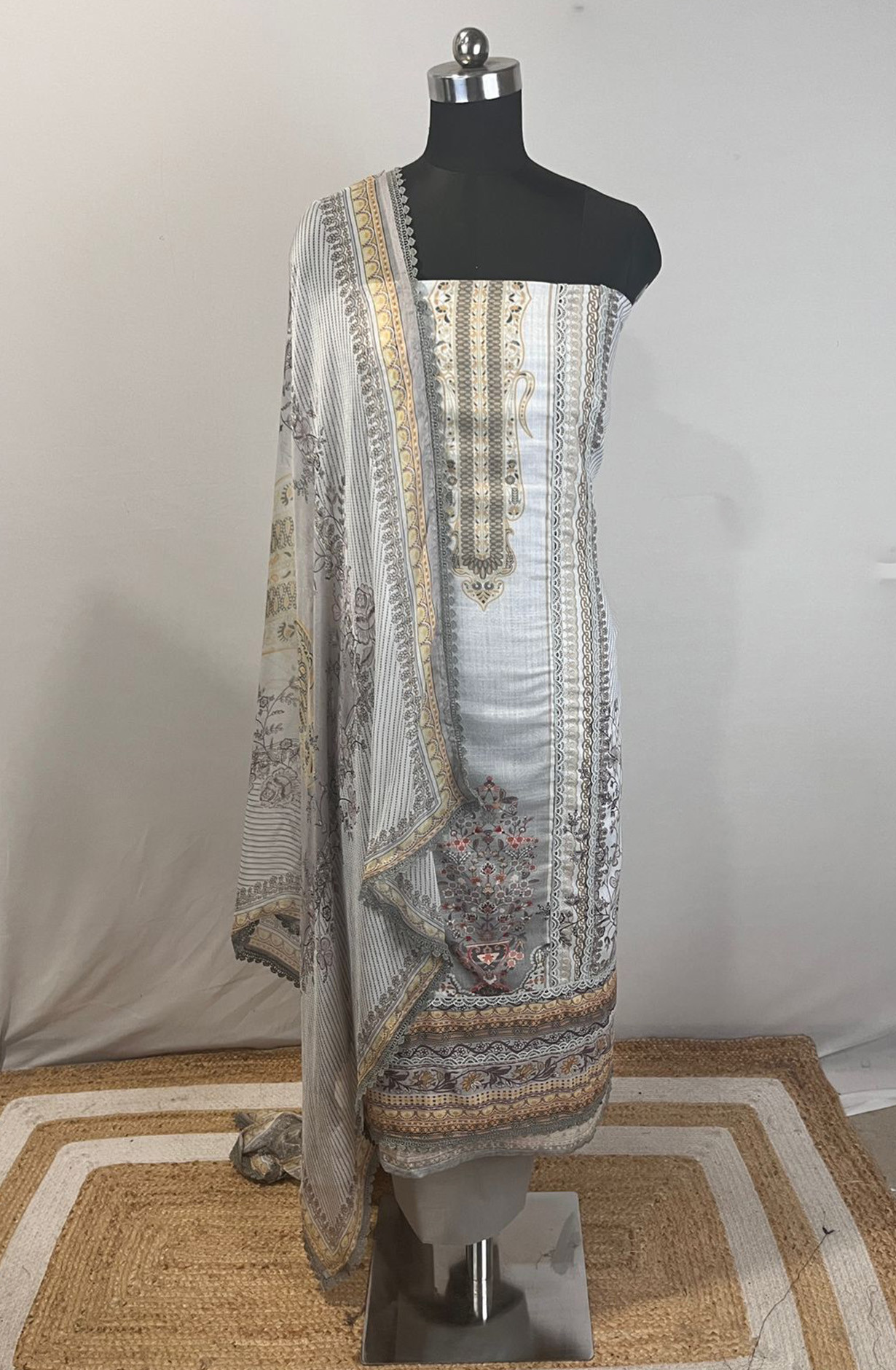 Grey Cotton Beautiful Suit Set with Dupatta - VAI1