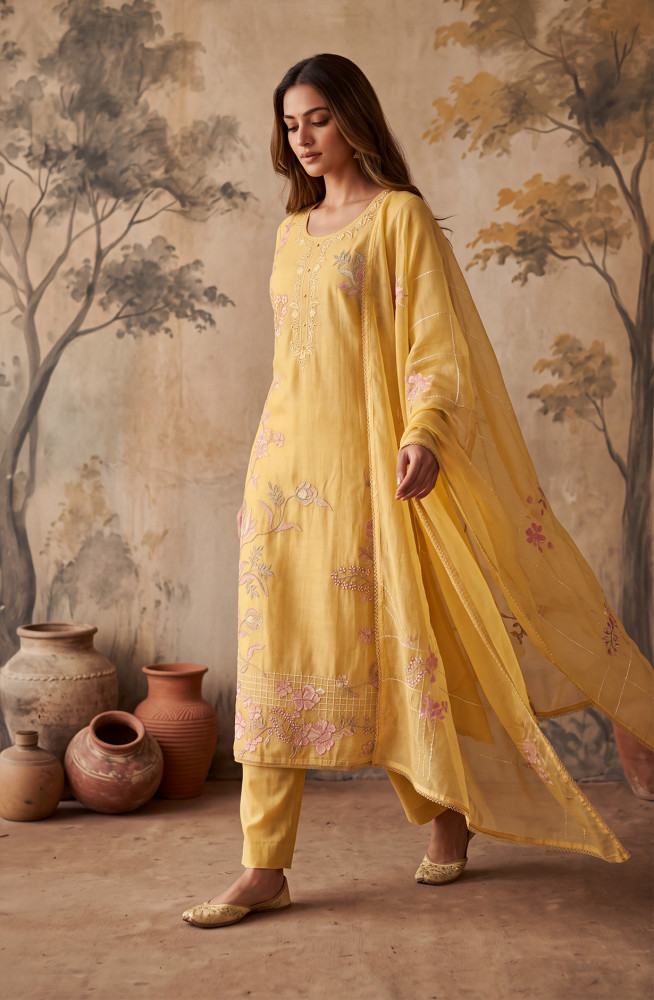 Image of Yellow Mul Chanderi Unstitched Suit Set with Beautiful Dupatta - 752-9206