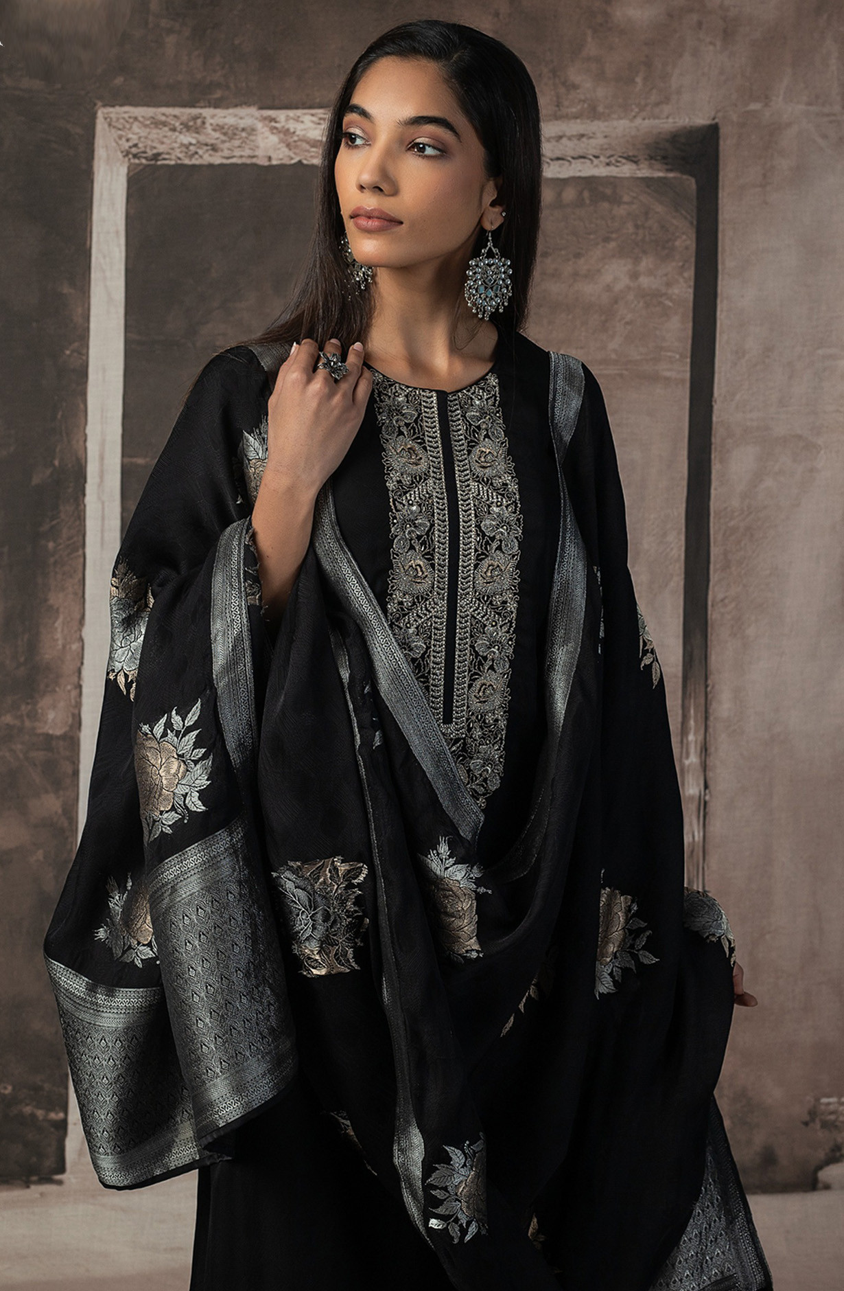 Black Silk Jacquard Suit Set with Silk Dupatta - R157-SPR2534A