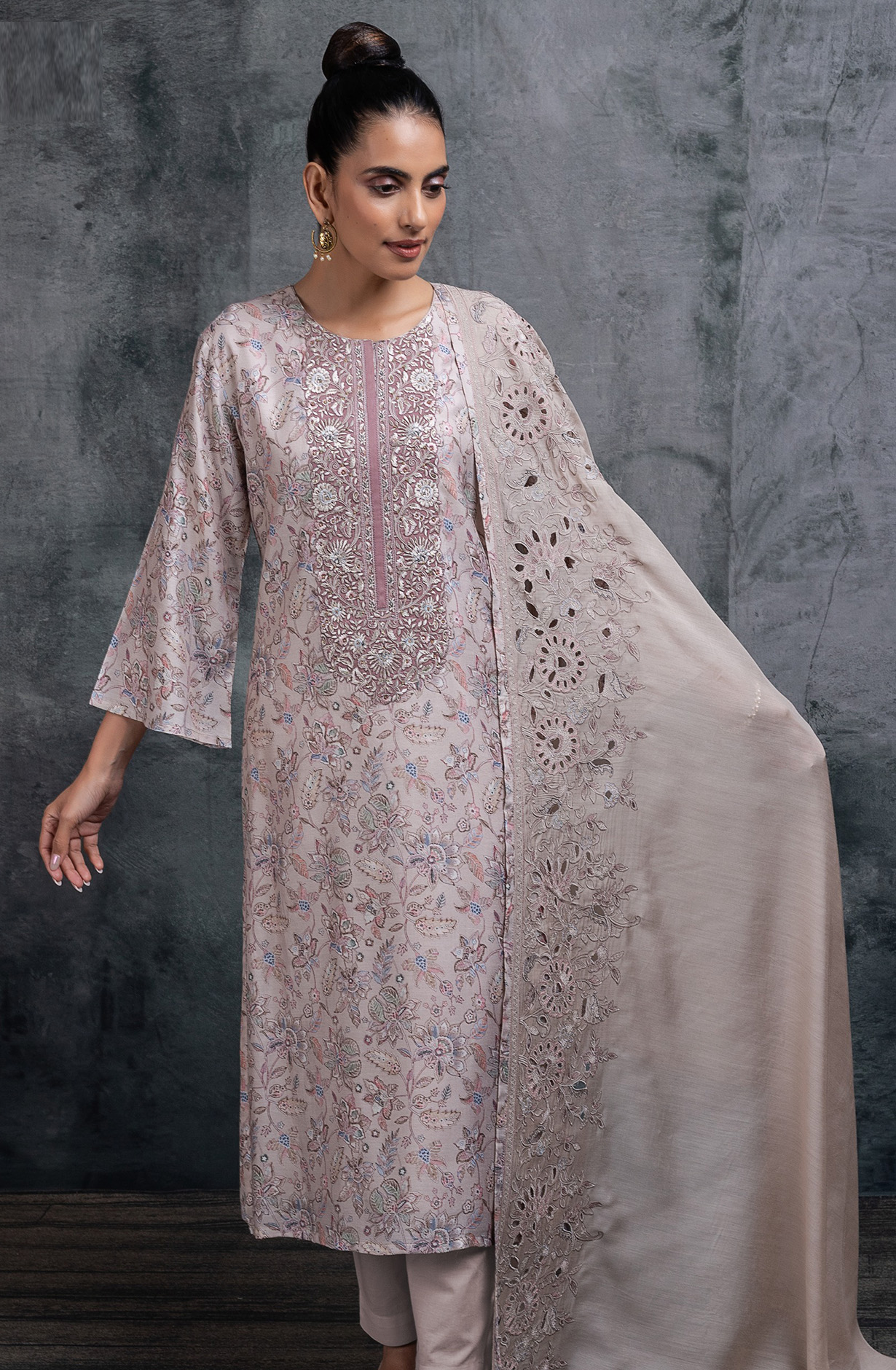 Mauve printed Muslin Embroidered Suit Set with Dupatta - R157-SPR2681