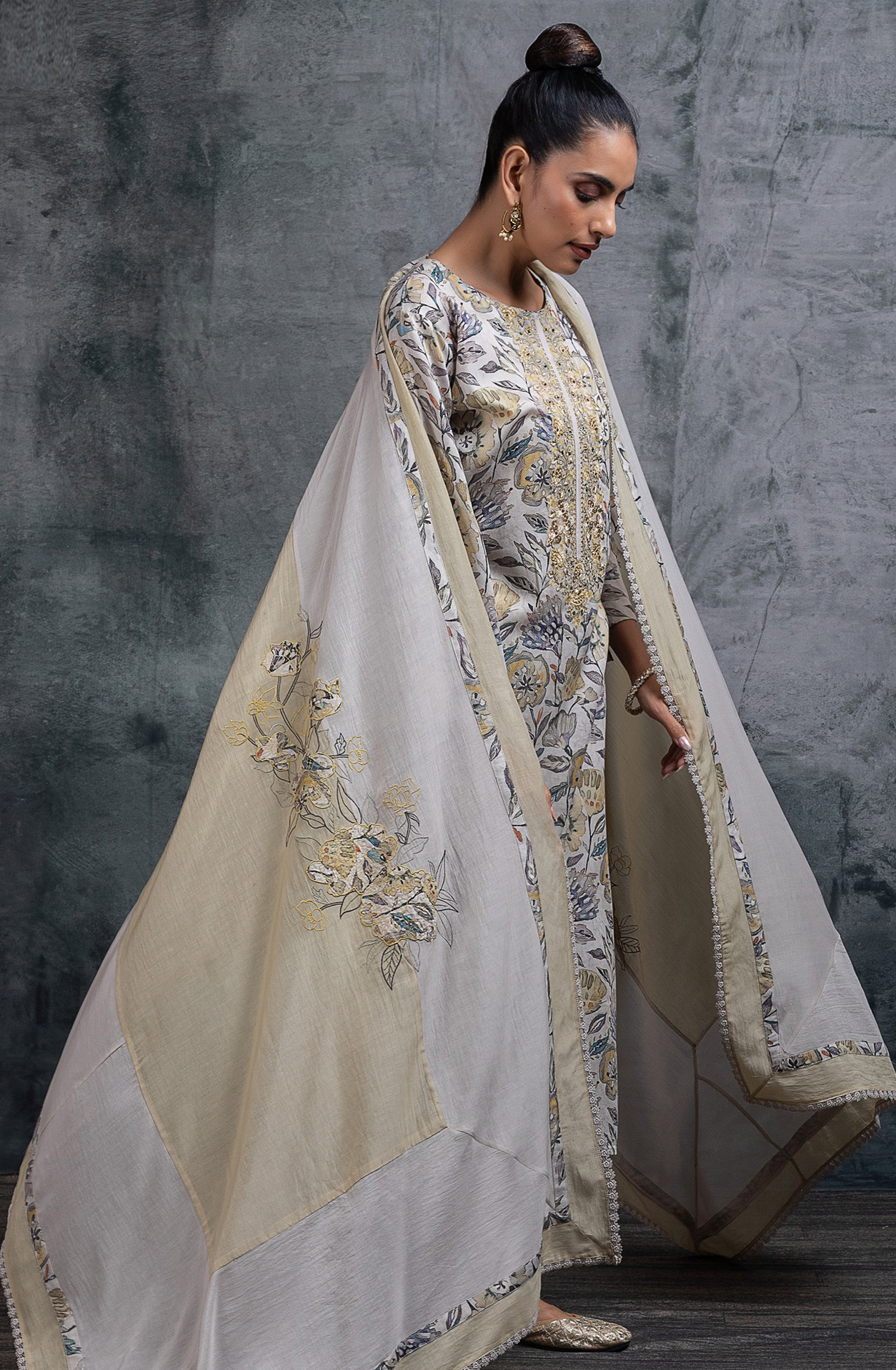 Grey printed Muslin Embroidered Suit Set with Dupatta - R157-SPR2222