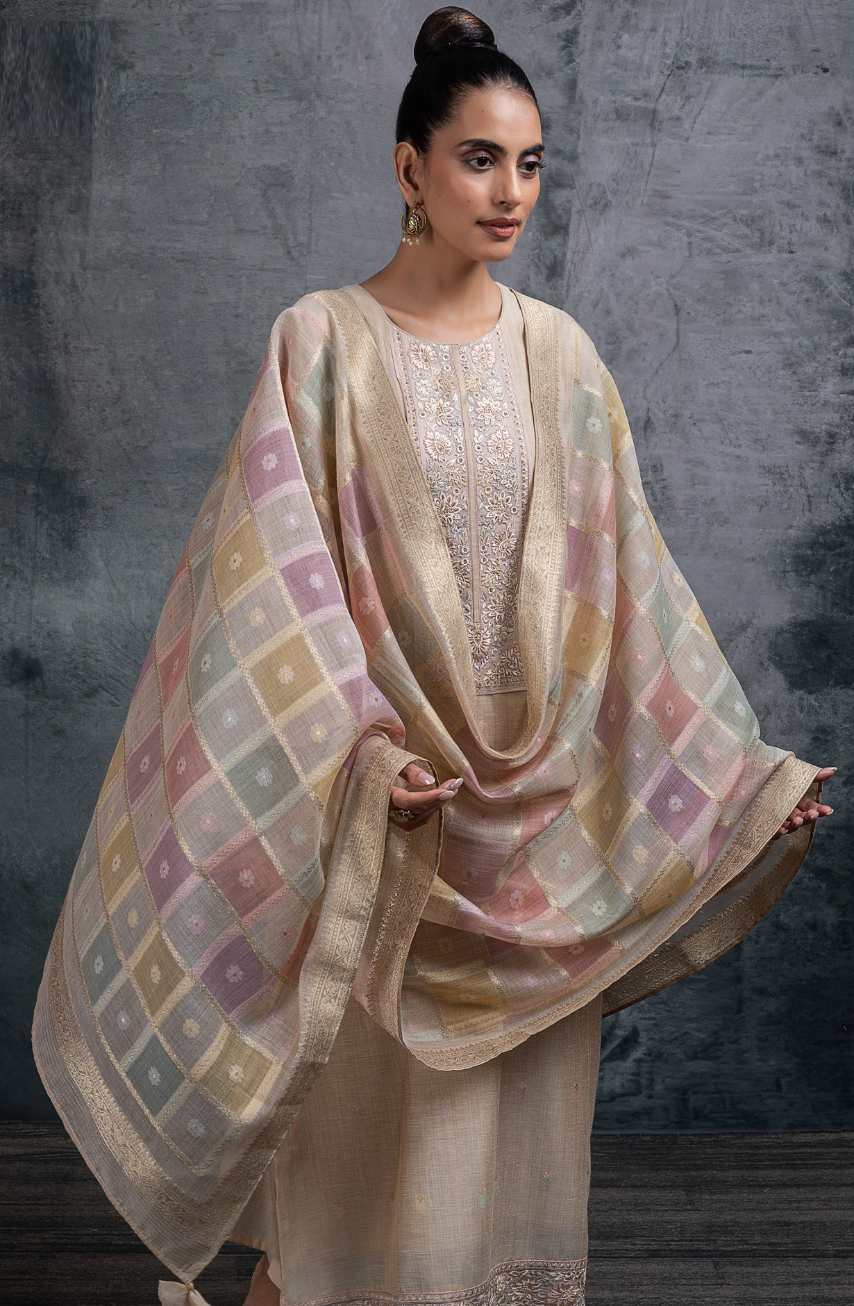 Fawn Mul chanderi Embroidered Suit Set with Dupatta - R157-SPR2631