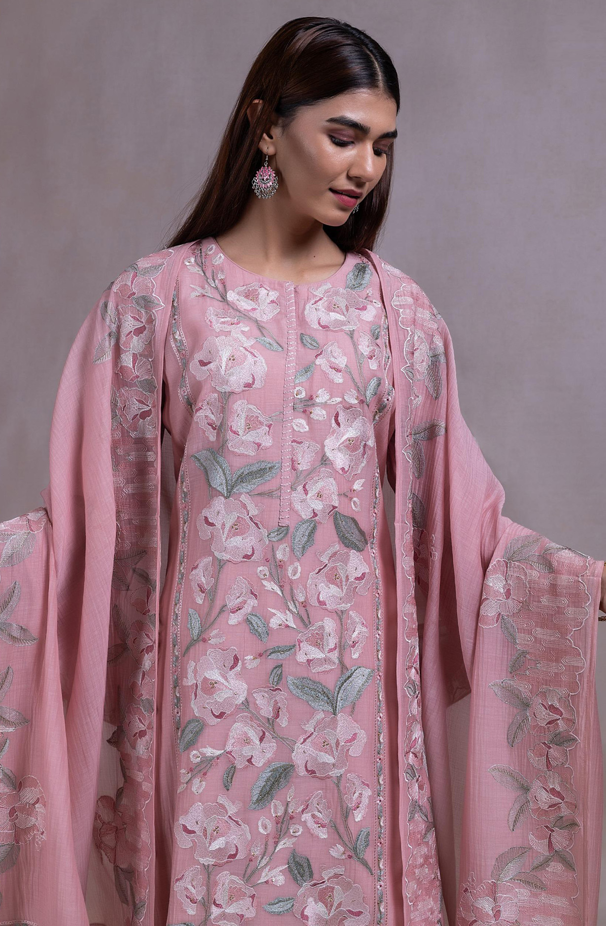 Pink Mul chanderi Embroidered Suit Set with Dupatta - R157-SPR2316