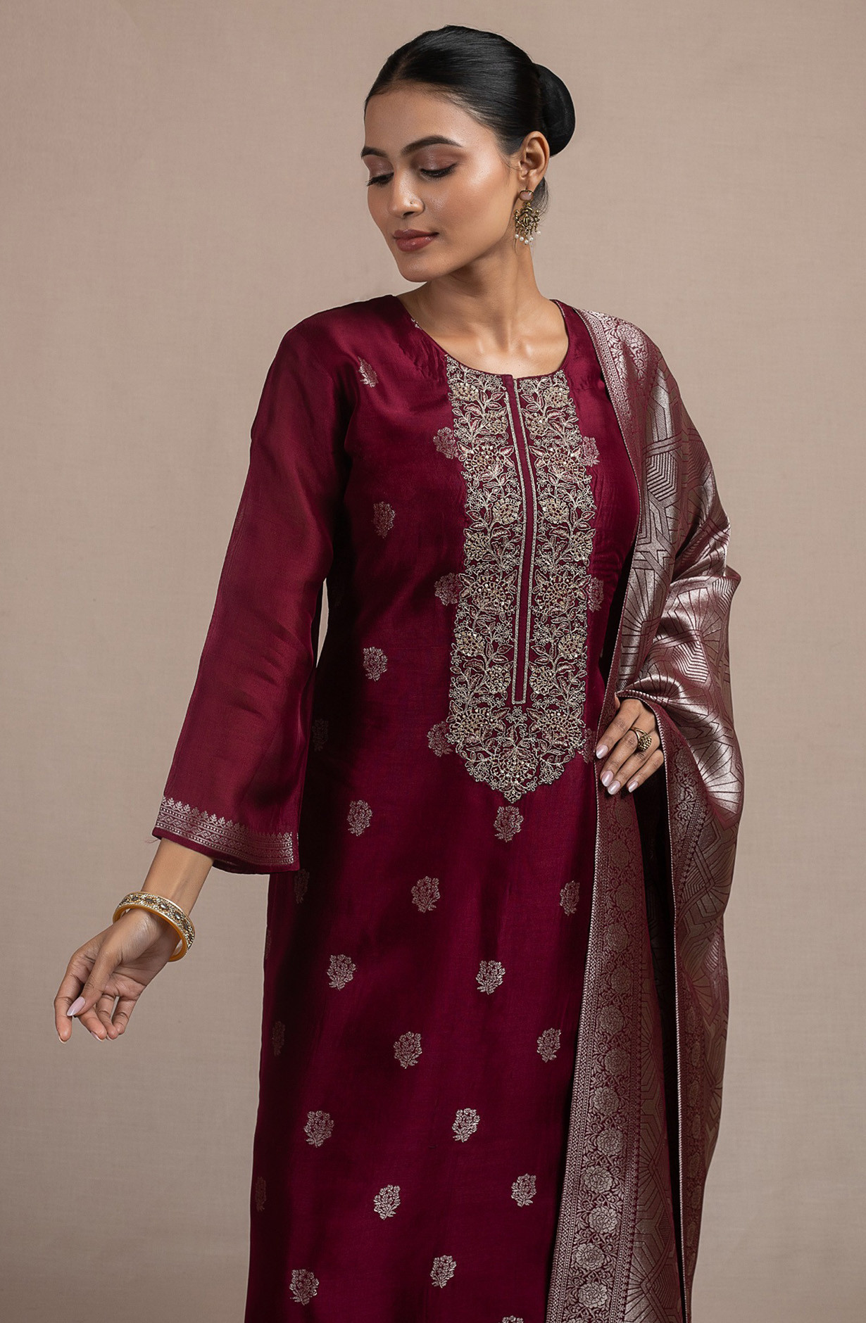 Wine Silk Jacquard Suit Set with Silk Dupatta - R157-SPR2536A