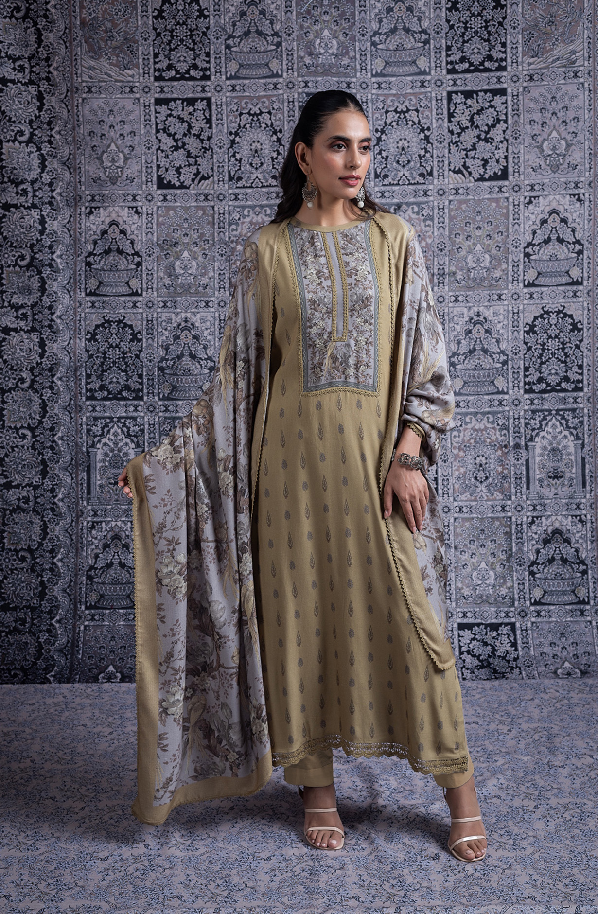 Mehandi Pashmina Suit set with Pashmina Dupatta - YAS2083B