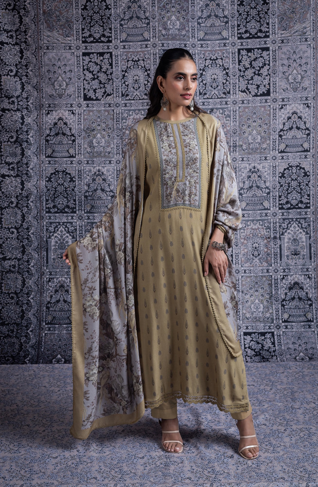 Image of Mehandi Pashmina Suit set with Pashmina Dupatta - YAS2083B