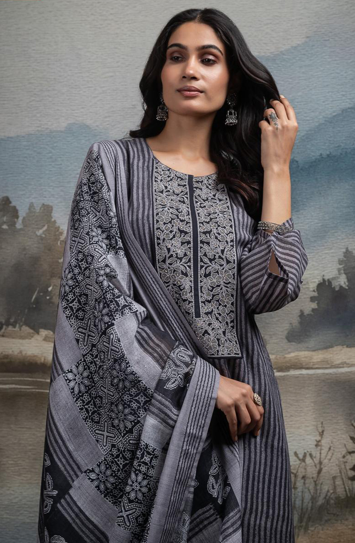 Black Pure Mul Chanderi Embroidered Beautiful Suit Set with Dupatta - R157-SPR2663