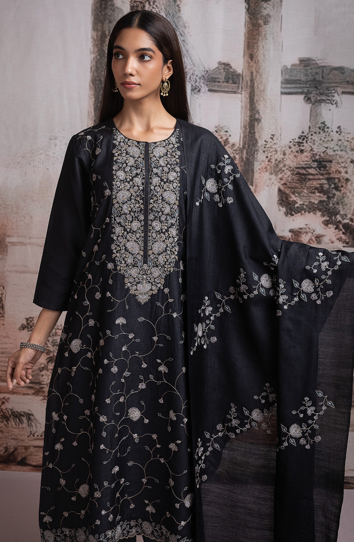 Black Pure Monga Tussar Silk Suit with Dupatta - R157-SPR2506