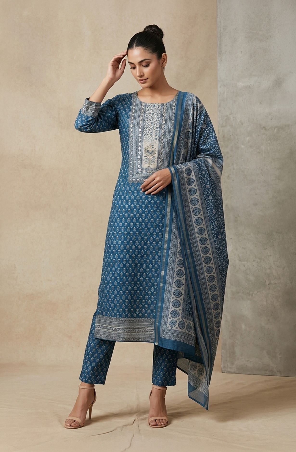 Blue Silk Unstitched Suit Set with Beautiful Dupatta - 944-1374