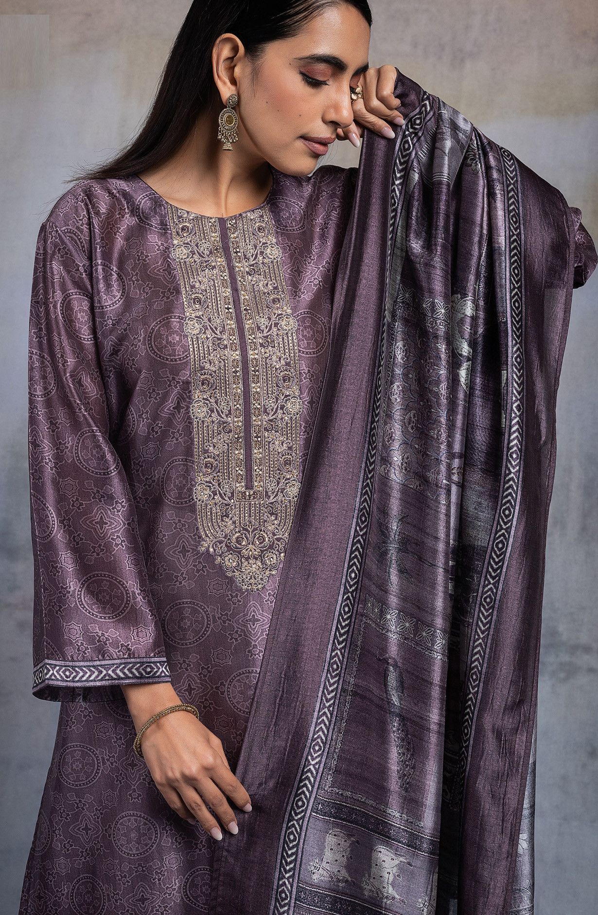 Mauve Unstitched Silk Suit set with Dupatta - R157-SPR2601