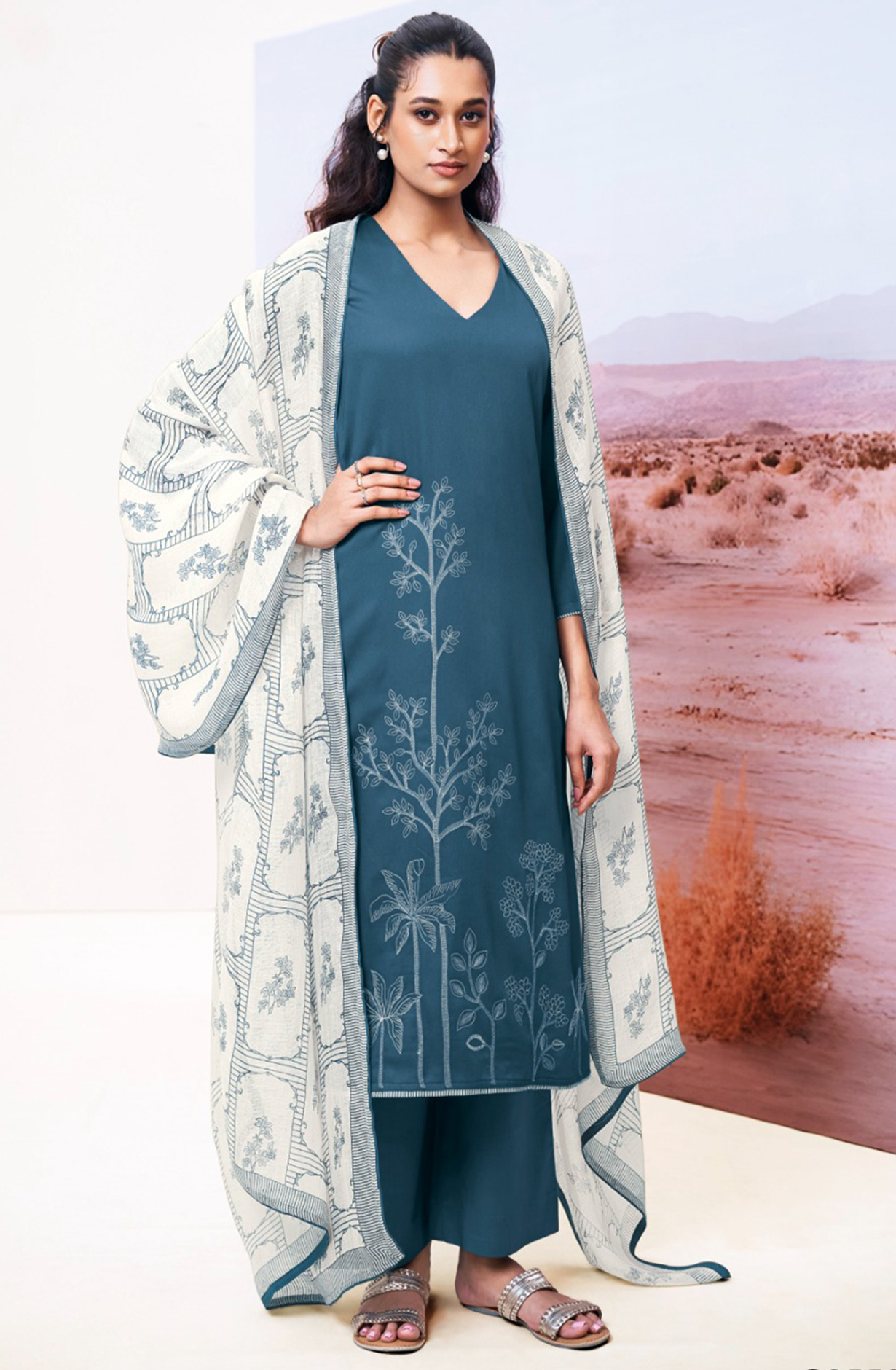 Blue Cotton Suit Set with Printed Dupatta- ISHS3550B