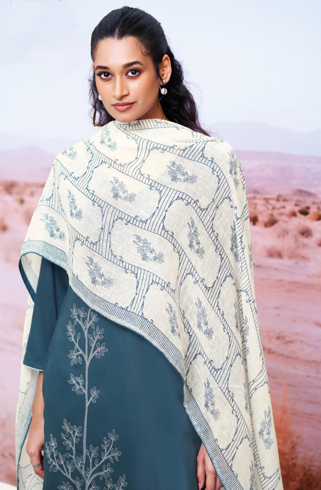 Blue Cotton Suit Set with Printed Dupatta- ISHS3550B