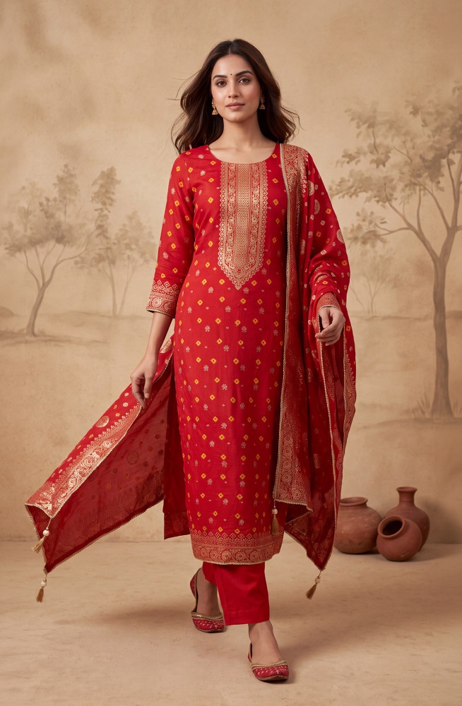 Image of Red Satin Silk Unstitched Suit Set with Beautiful Dupatta - 1033-2505B