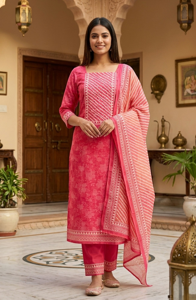 Image of Pink Linen Digital Printed Beautiful Suit Set with Dupatta - 981-1337A