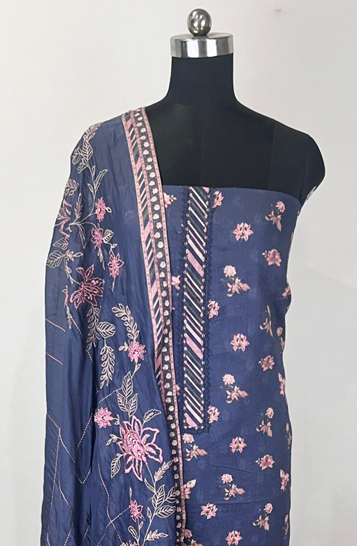 Navy Blue Printed Cotton Unstitched Suit Set with Dupatta - 131-SUMCOT1113-4A