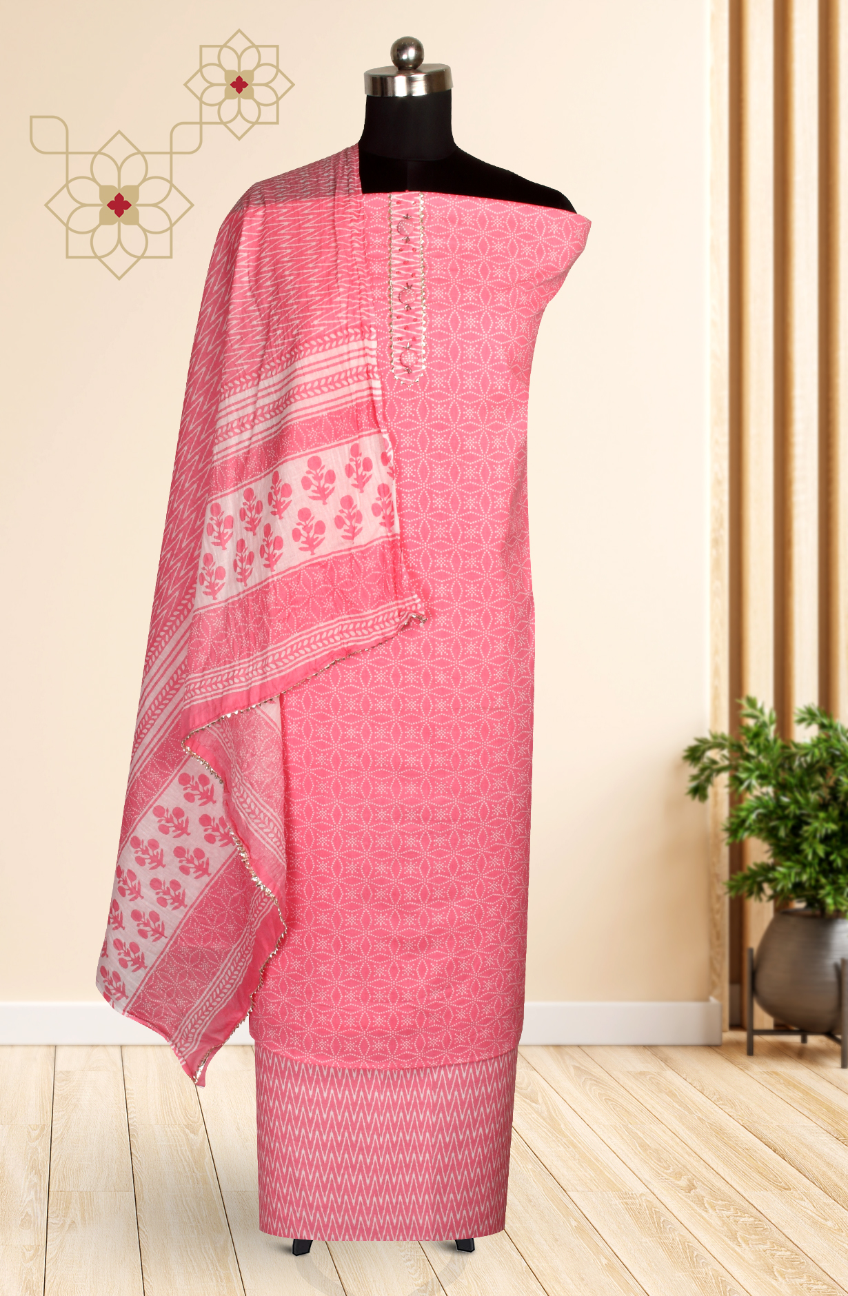 Pink Cotton Printed Salwar Suit with Dupatta - 983-4406