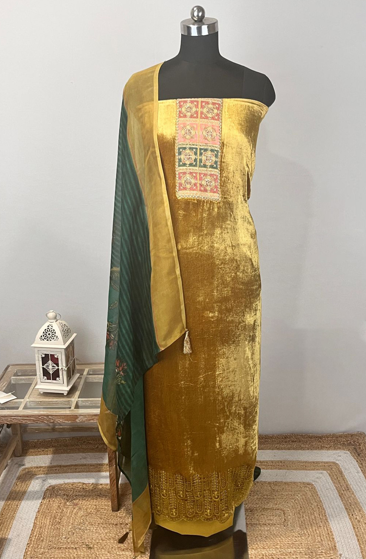 Mehndi Velvet Suit Set with Dupatta - WEVAL120-5F