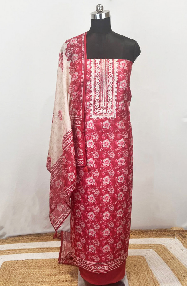 Image of Red printed Chanderi Beautiful Suit Set with Dupatta - 131-KE5476C