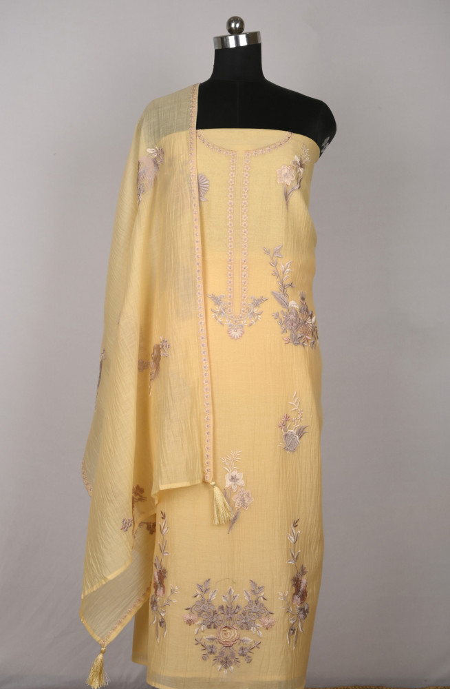 Image of Yellow Mul Cotton Beautiful Suit Set with Dupatta - 996-MCHEMB1109B