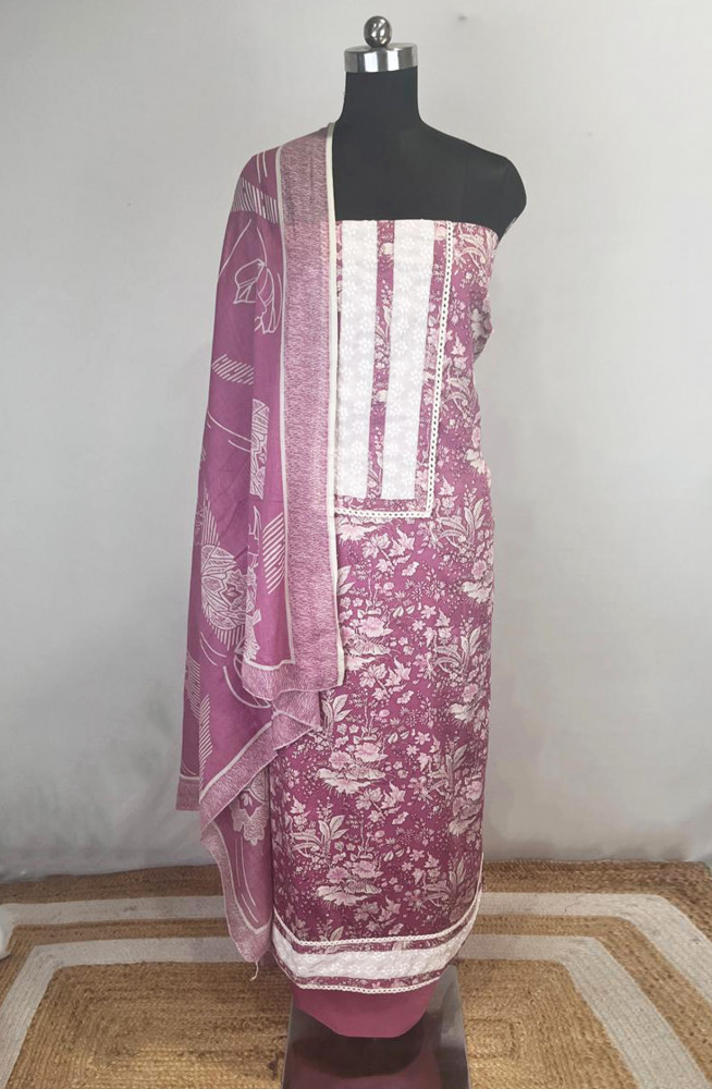 Image of Pink Cotton Unstitched Beautiful Suit Set with Dupatta - 131-KJ5399