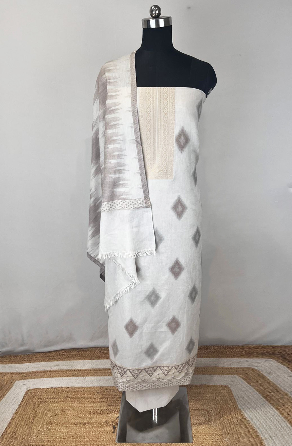 Grey Weaving Jacquard Unstitched Suit Set with Dupatta - 131-SUMCOT1113-1A