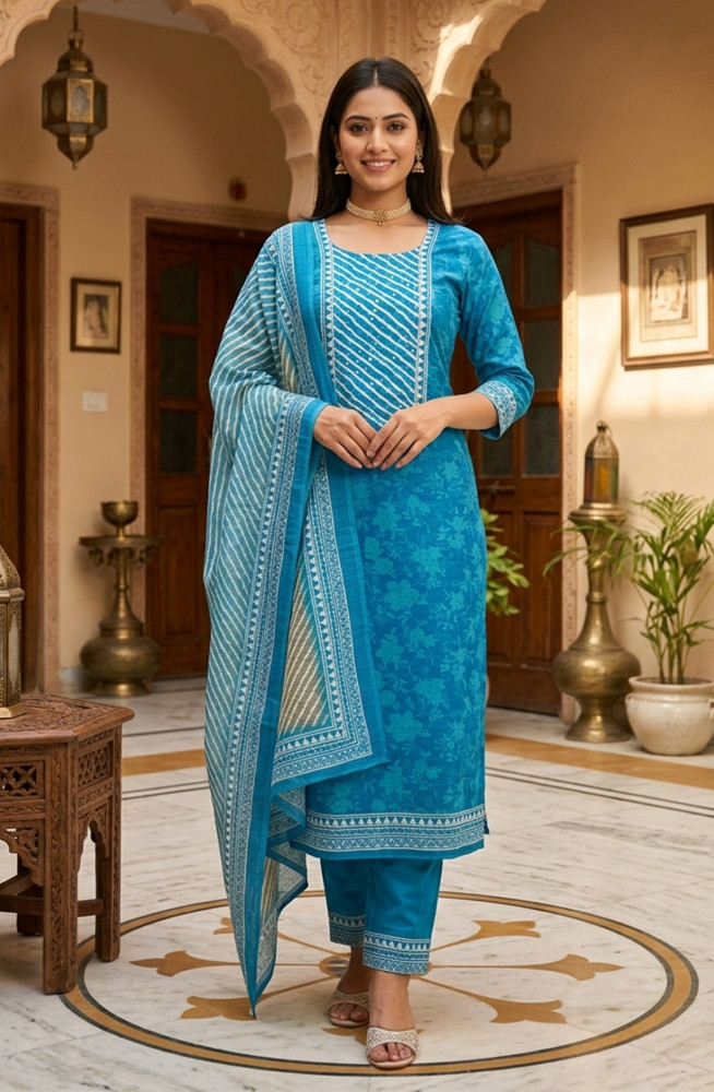 Image of Blue Linen Digital Printed Beautiful Suit Set with Dupatta - 981-1337