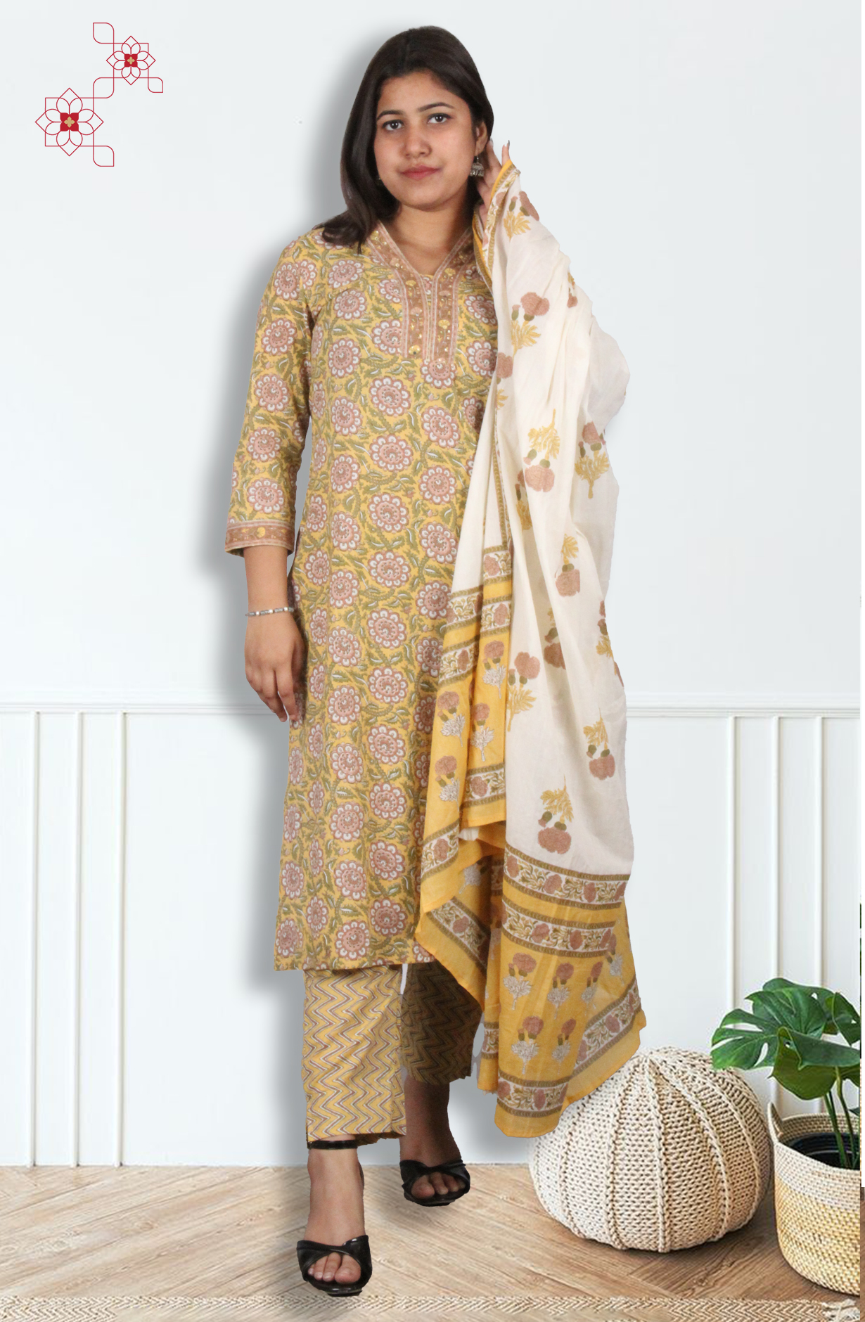 Mustard Readymade Cotton Printed Salwar Suit with Dupatta - 3100110830124 - Available Size M to XXL