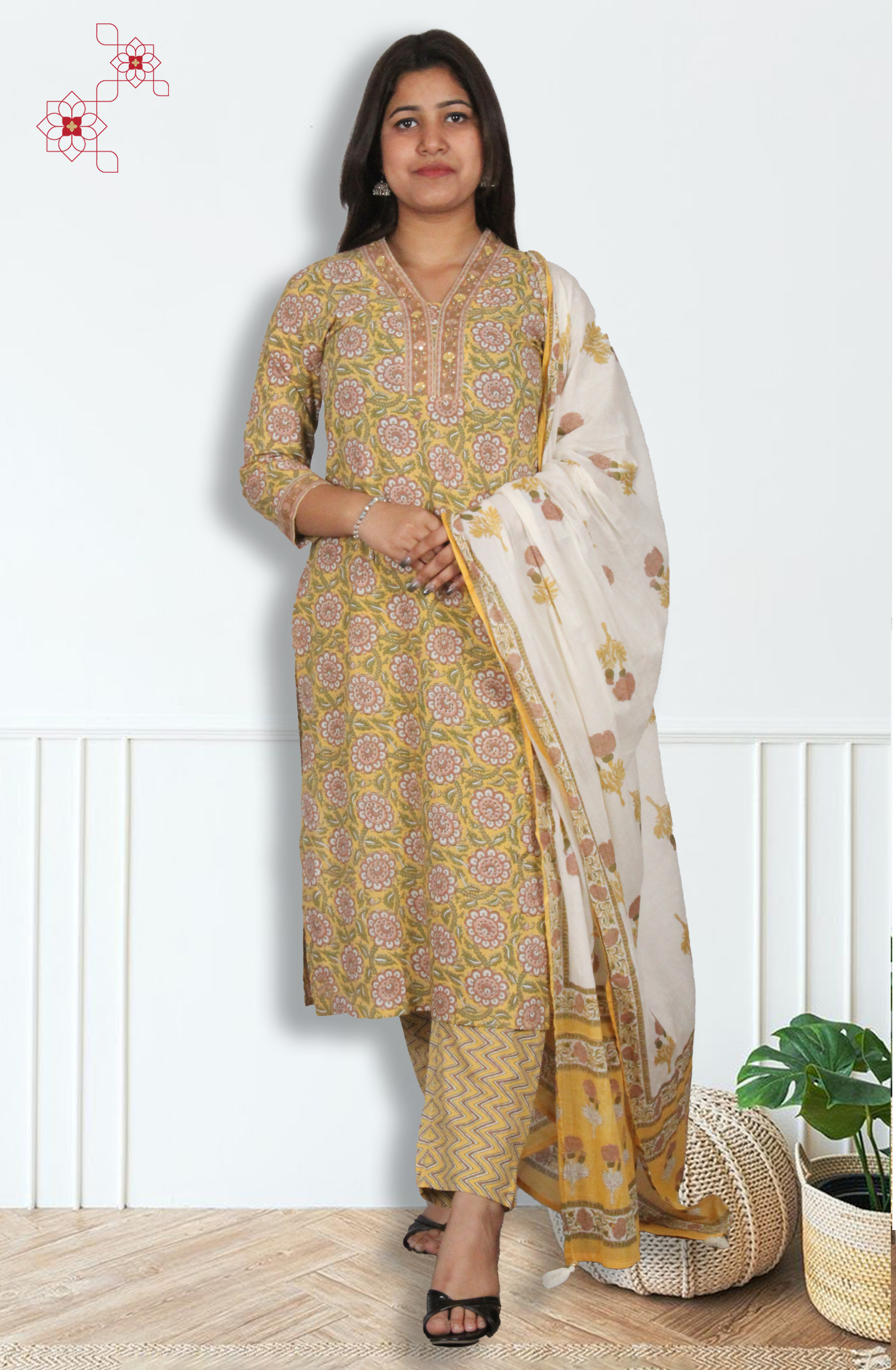 Mustard Readymade Cotton Printed Salwar Suit with Dupatta - 3100110830124 - Available Size M to XXL