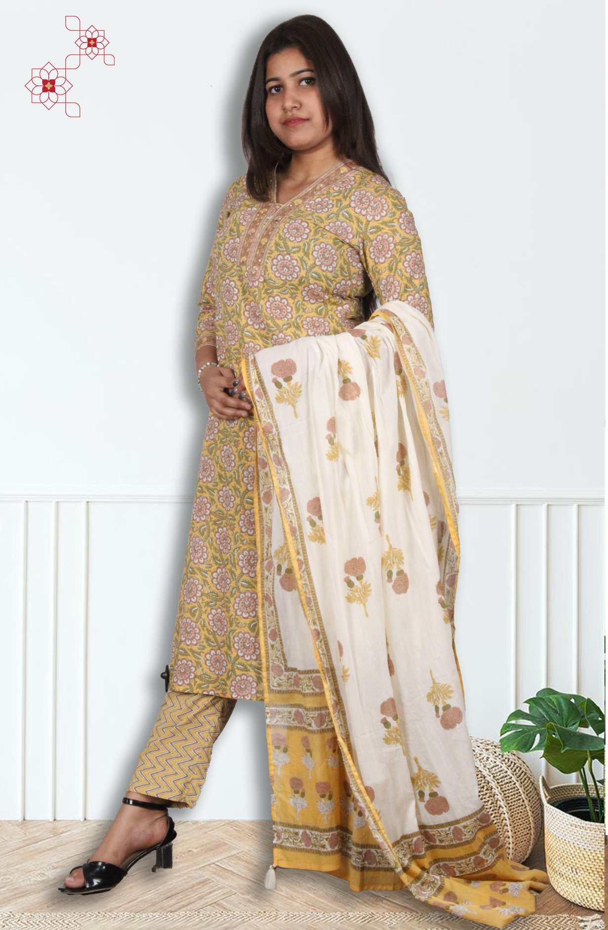 Mustard Readymade Cotton Printed Salwar Suit with Dupatta - 3100110830124 - Available Size M to XXL