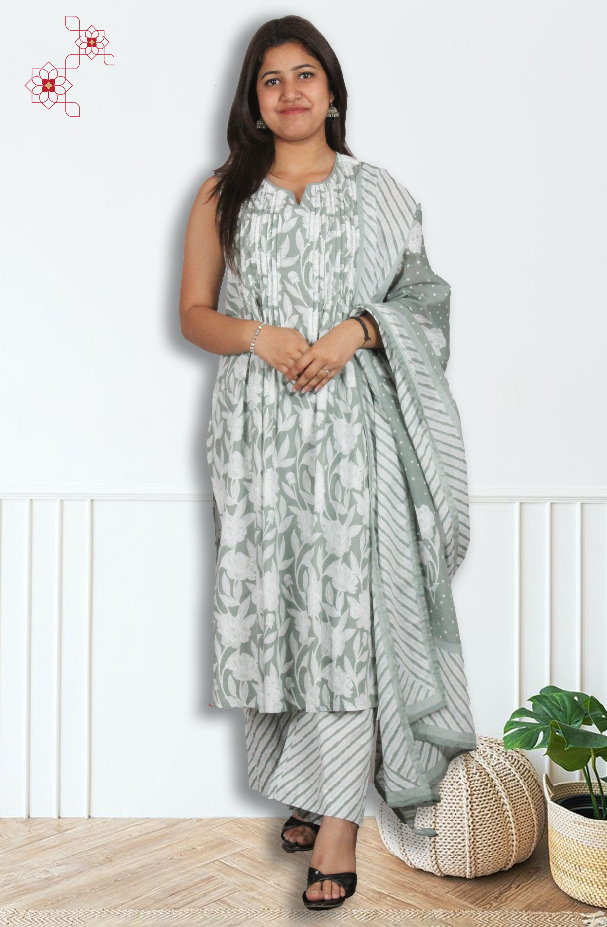 Pastel Green Readymade Cotton Printed Sleeveless Kurti Sets - 3100218830117 - Available Size M to XXL