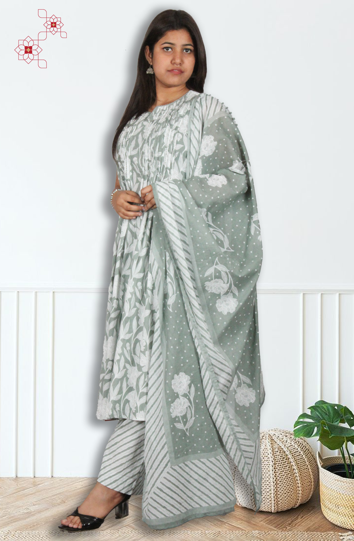 Pastel Green Readymade Cotton Printed Sleeveless Kurti Sets - 3100218830117 - Available Size M to XXL