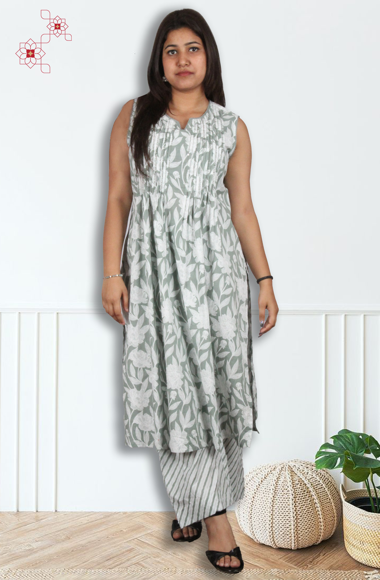 Pastel Green Readymade Cotton Printed Sleeveless Kurti Sets - 3100218830117 - Available Size M to XXL