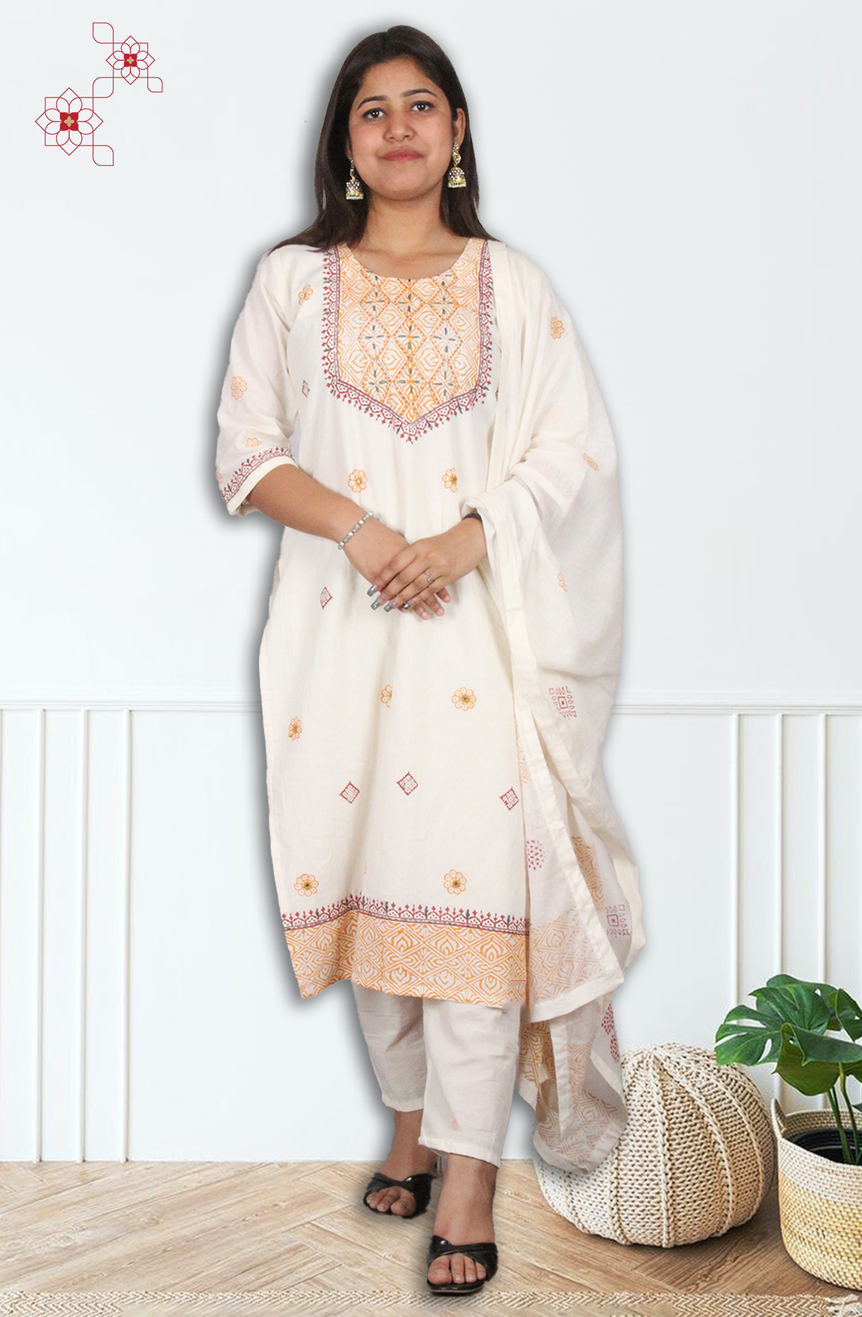 Off-white Readymade Cotton Printed Salwar Suit with Dupatta - 3101213530065 - Available Size M to XXL
