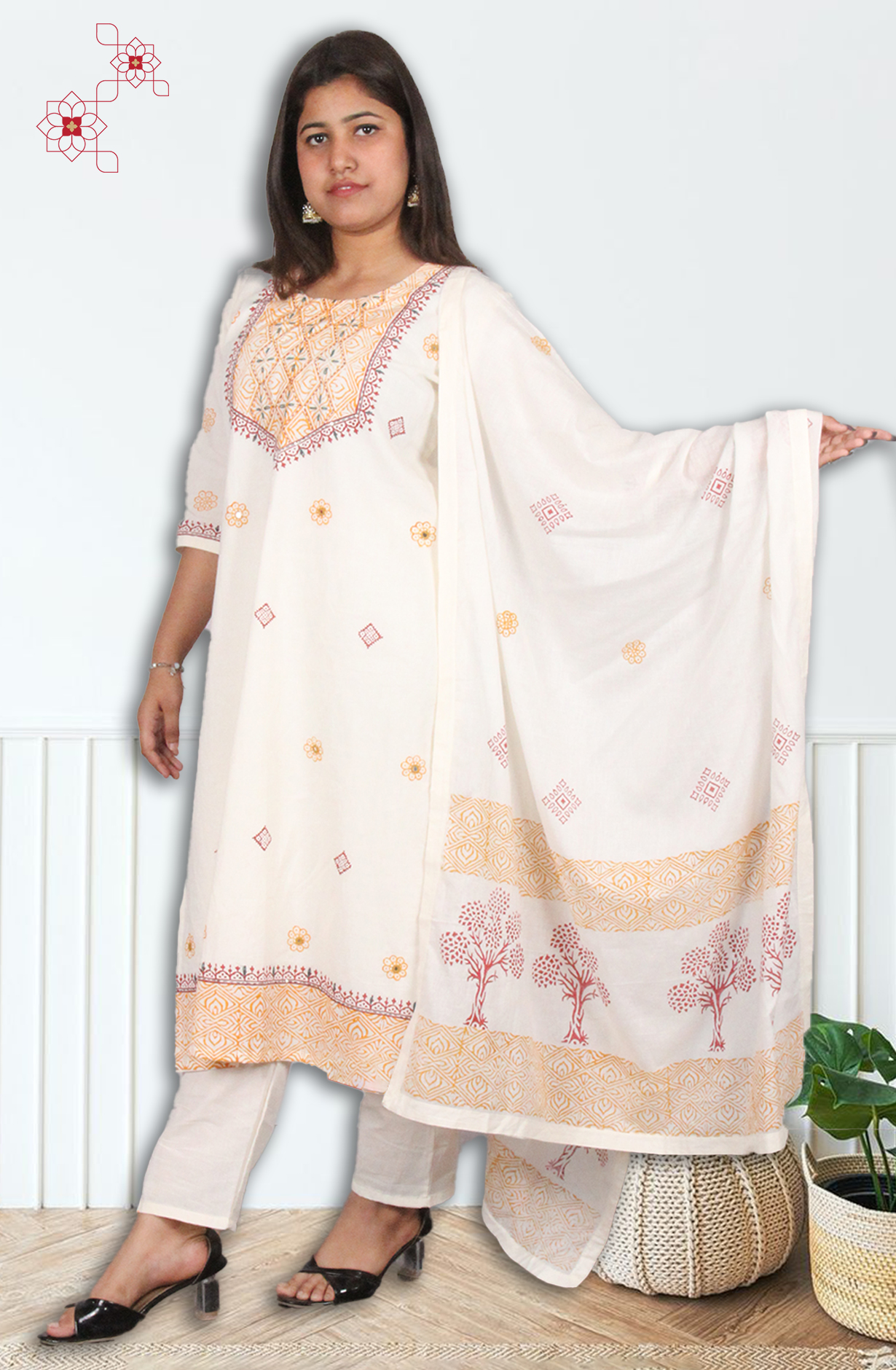 Off-white Readymade Cotton Printed Salwar Suit with Dupatta - 3101213530065 - Available Size M to XXL