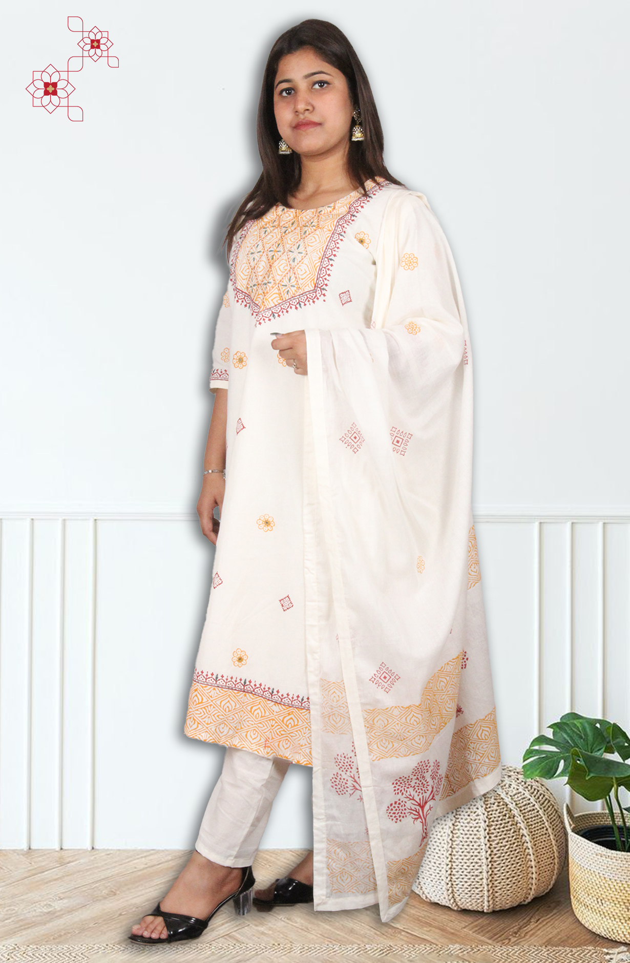 Off-white Readymade Cotton Printed Salwar Suit with Dupatta - 3101213530065 - Available Size M to XXL