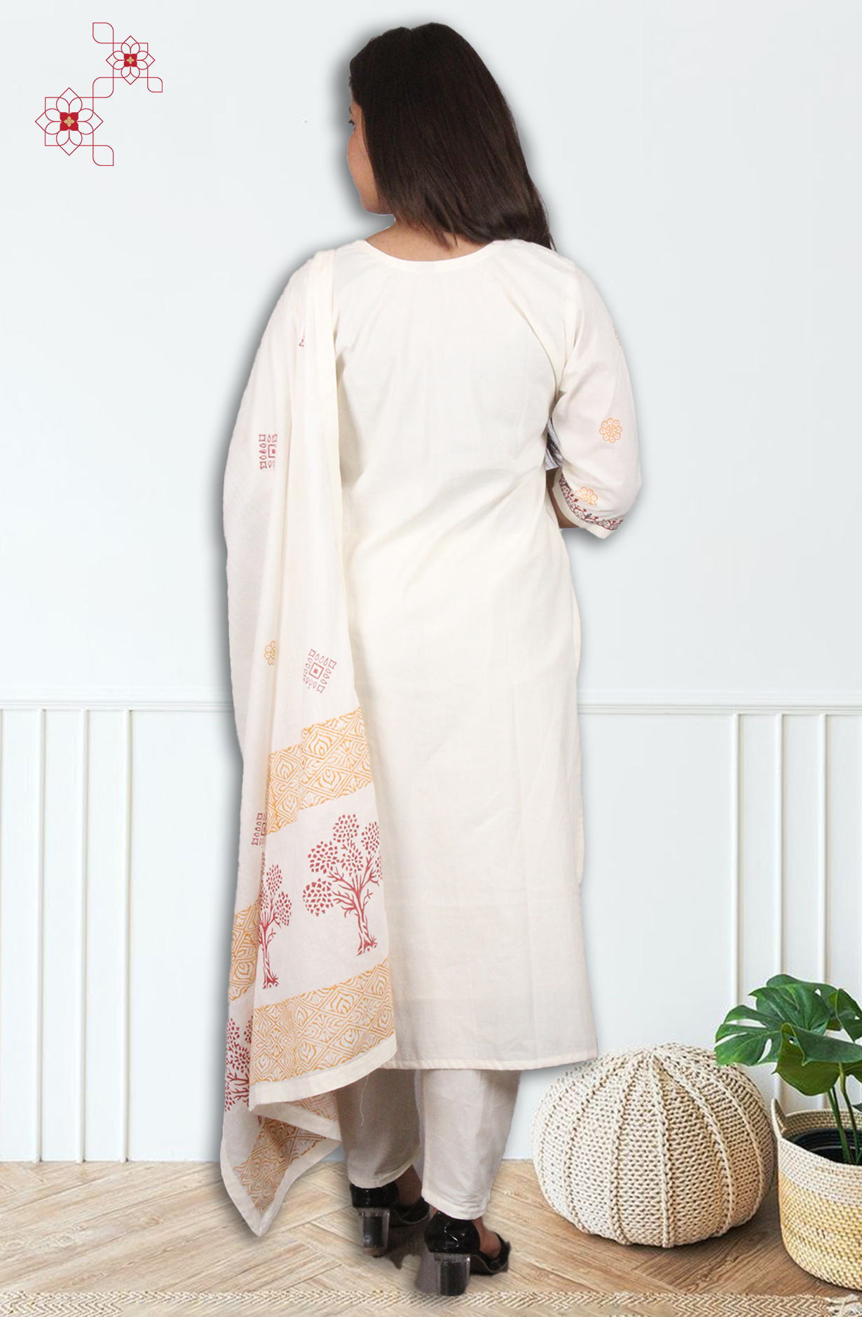 Off-white Readymade Cotton Printed Salwar Suit with Dupatta - 3101213530065 - Available Size M to XXL