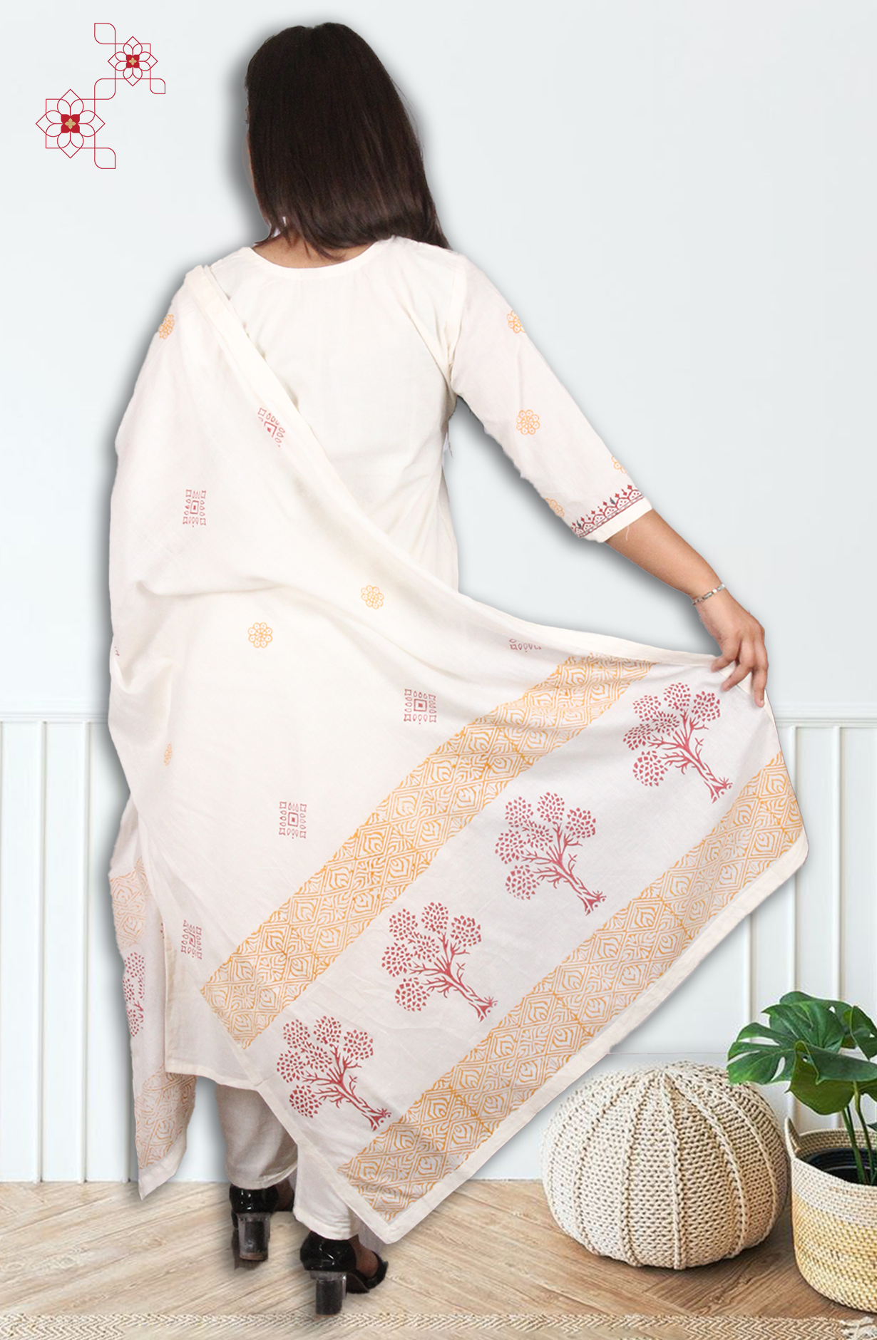 Off-white Readymade Cotton Printed Salwar Suit with Dupatta - 3101213530065 - Available Size M to XXL