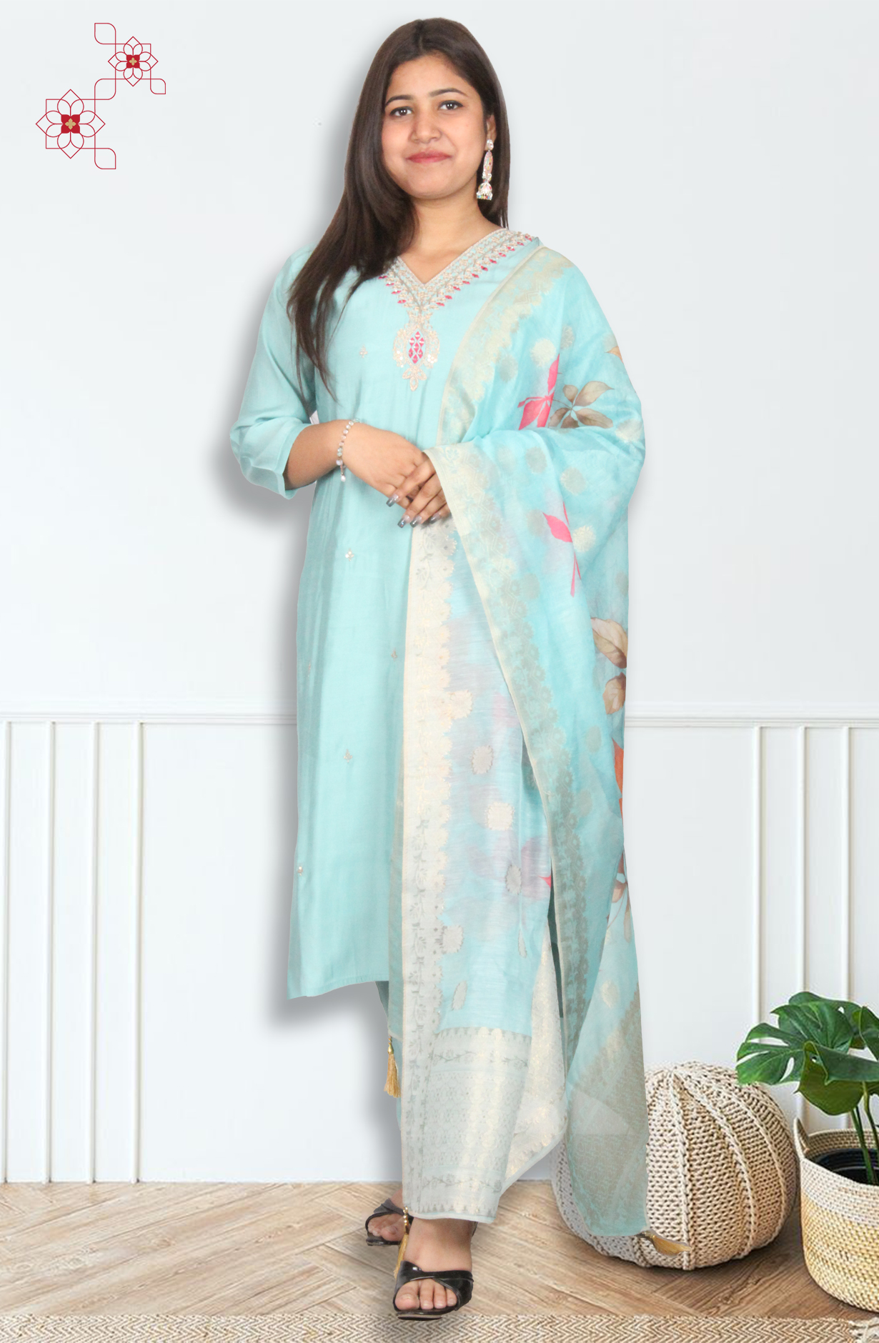 Turquoise Stitched Chanderi Silk Salwar Suit with Trendy Dupatta - 3102313830054 - Available Size M to XXL