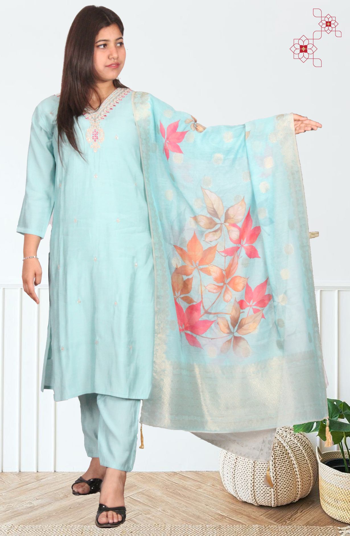 Turquoise Stitched Chanderi Silk Salwar Suit with Trendy Dupatta - 3102313830054 - Available Size M to XXL