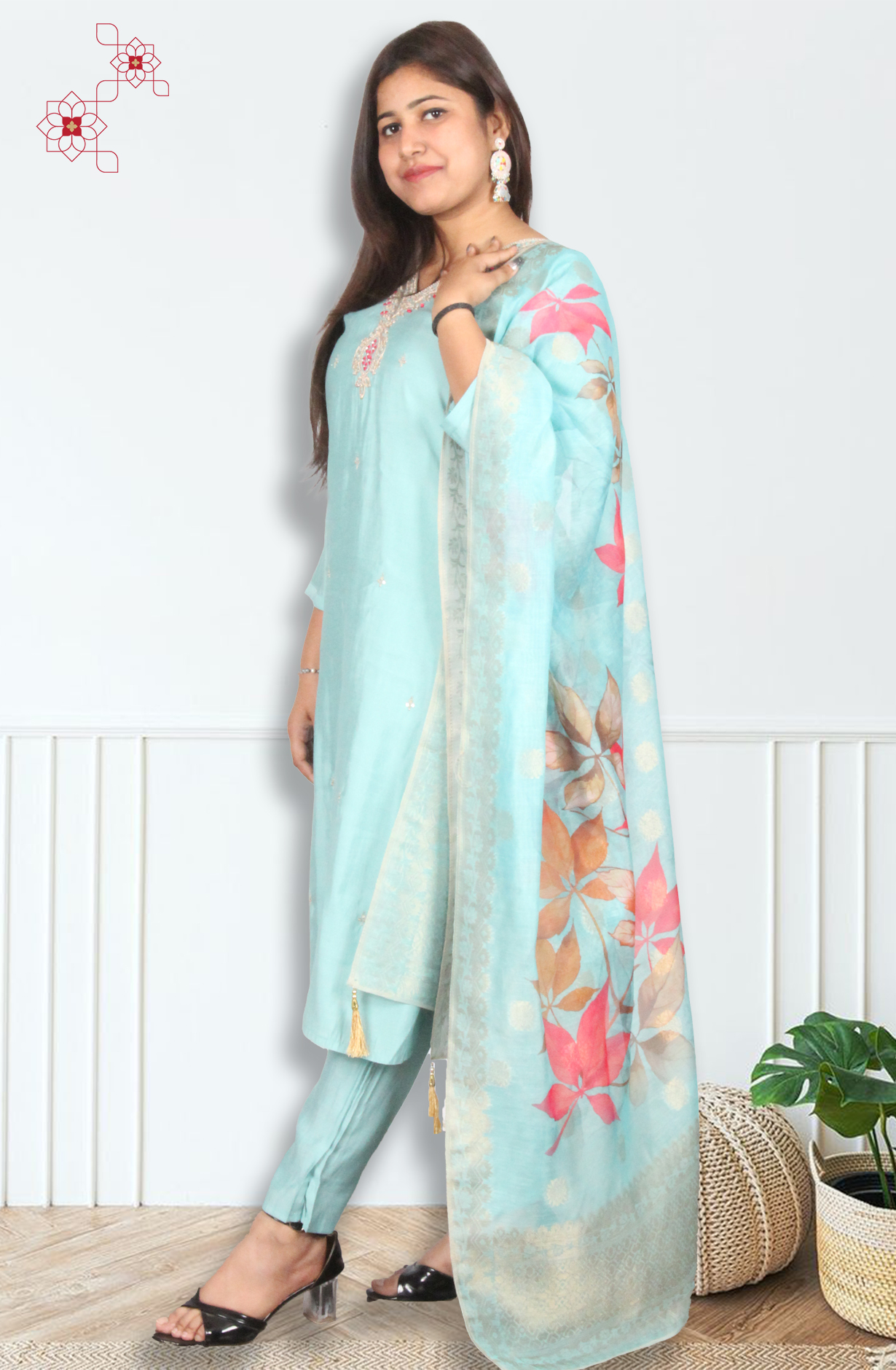 Turquoise Stitched Chanderi Silk Salwar Suit with Trendy Dupatta - 3102313830054 - Available Size M to XXL