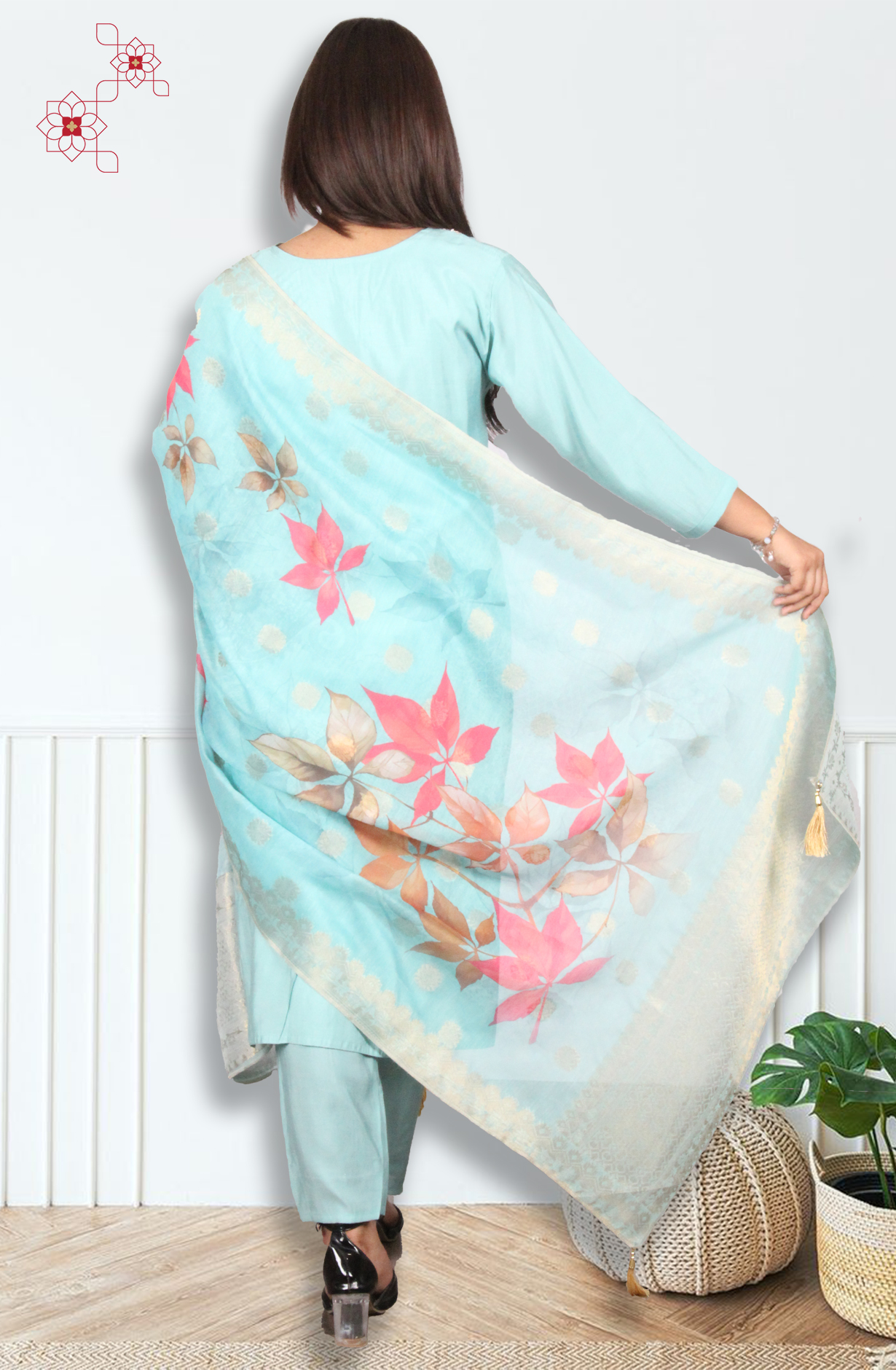 Turquoise Stitched Chanderi Silk Salwar Suit with Trendy Dupatta - 3102313830054 - Available Size M to XXL