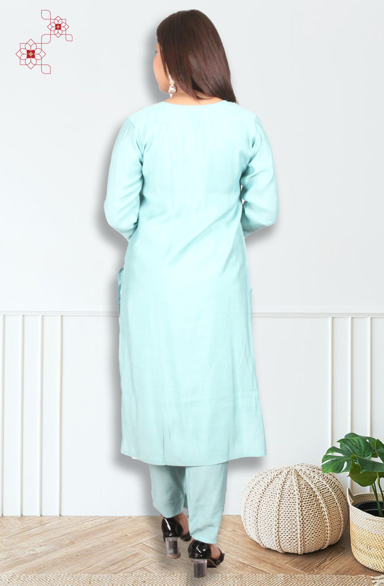 Turquoise Stitched Chanderi Silk Salwar Suit with Trendy Dupatta - 3102313830054 - Available Size M to XXL