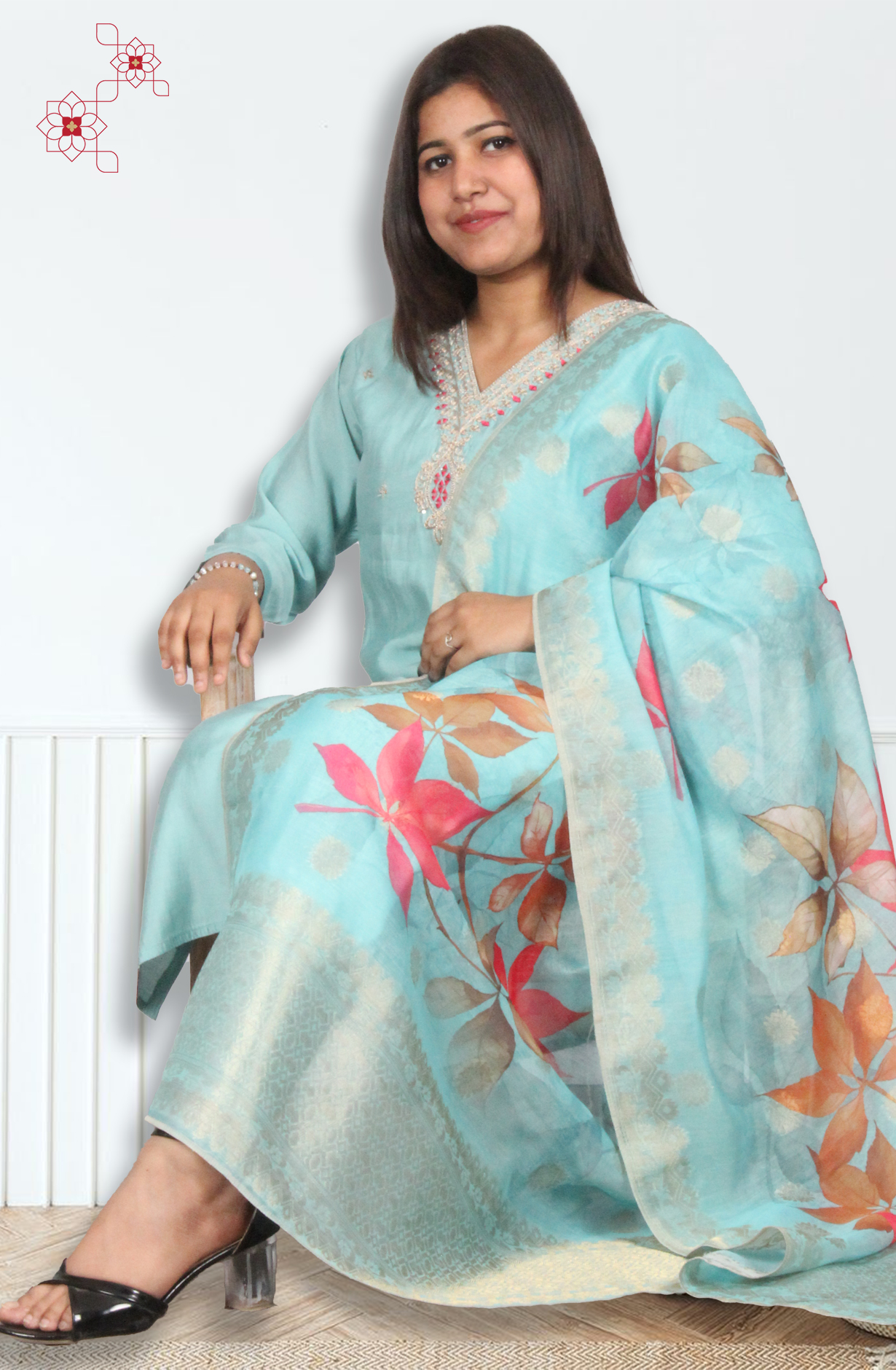 Turquoise Stitched Chanderi Silk Salwar Suit with Trendy Dupatta - 3102313830054 - Available Size M to XXL