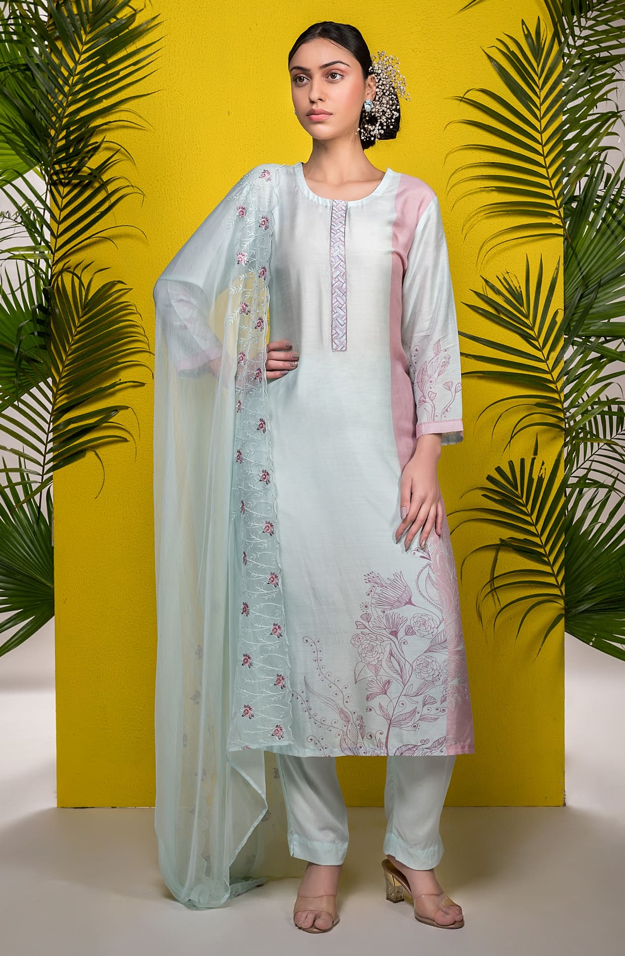 Sea Green Pink Muslin Exclusive Semi Stitched Suit-set with Chiffon Dupatta - NAR8833