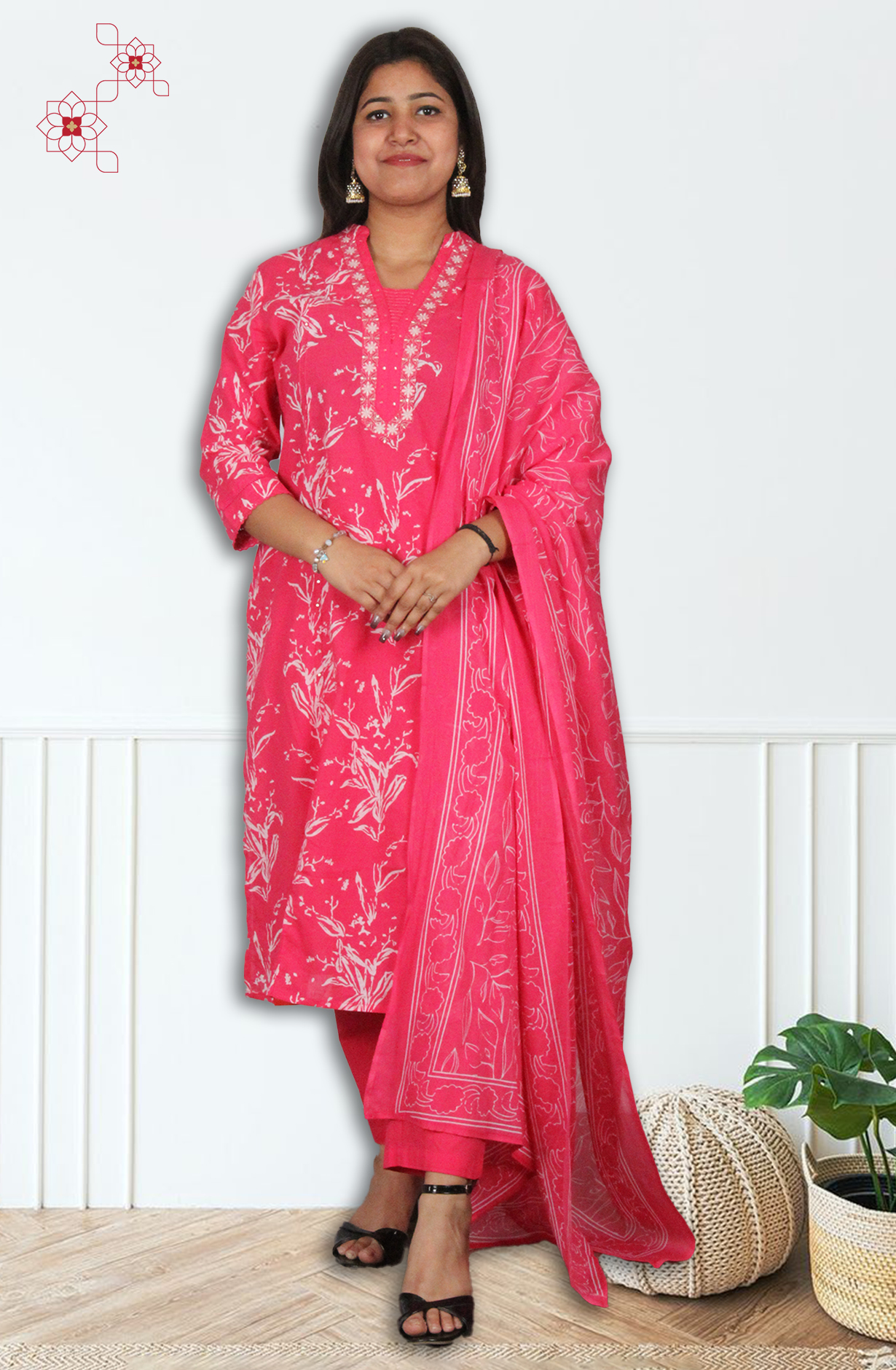 Rani Pink Readymade Cotton Printed Salwar Suit with Dupatta - 3103418830081 - Available Size M to XXL