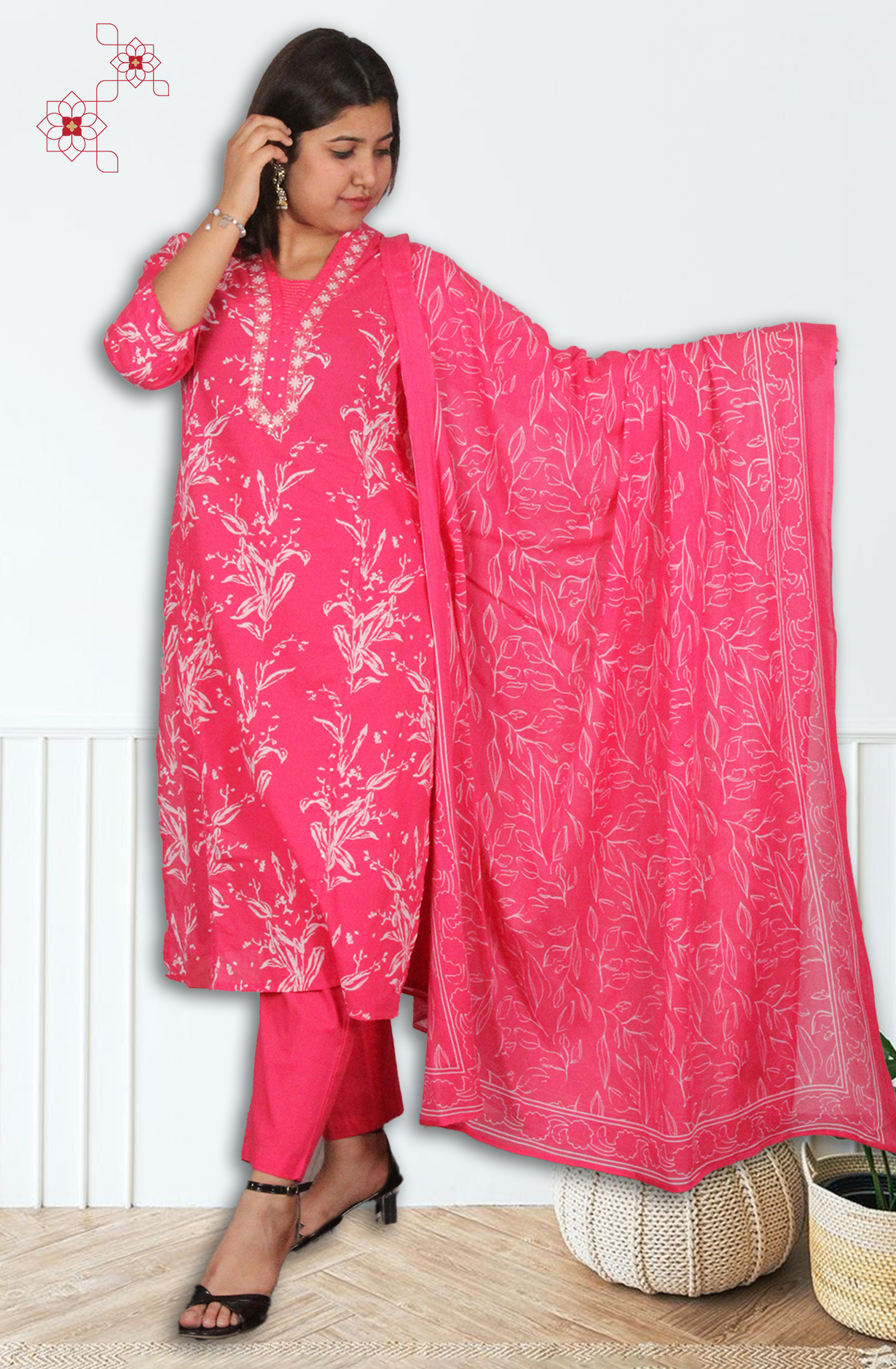 Rani Pink Readymade Cotton Printed Salwar Suit with Dupatta - 3103418830081 - Available Size M to XXL