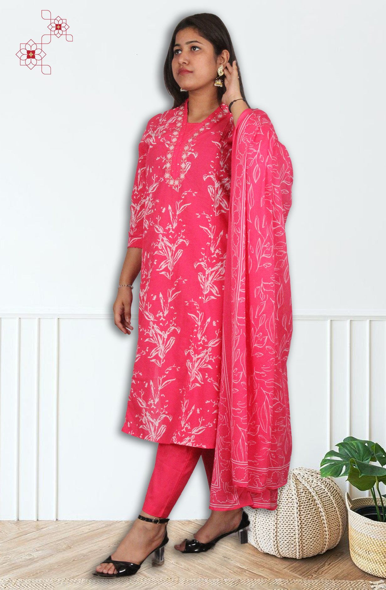 Rani Pink Readymade Cotton Printed Salwar Suit with Dupatta - 3103418830081 - Available Size M to XXL