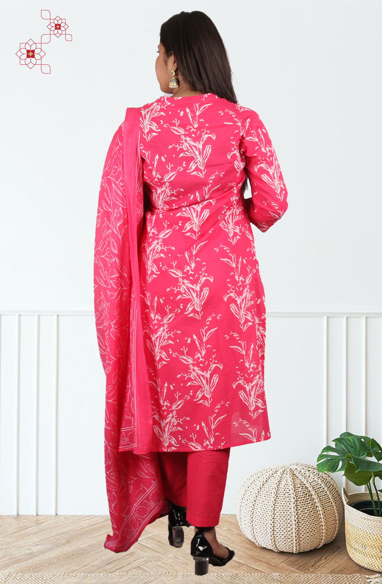 Rani Pink Readymade Cotton Printed Salwar Suit with Dupatta - 3103418830081 - Available Size M to XXL