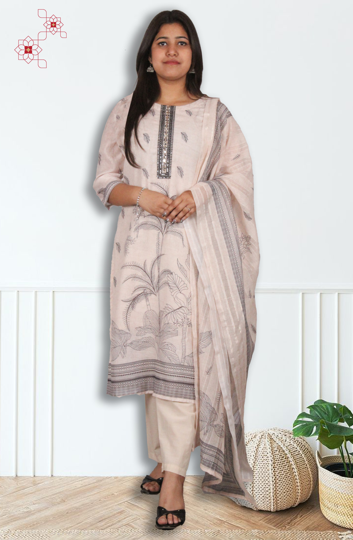 Beige Readymade Linen Printed Salwar Suit with Dupatta - 3105813630142 - Available Size M to XXL