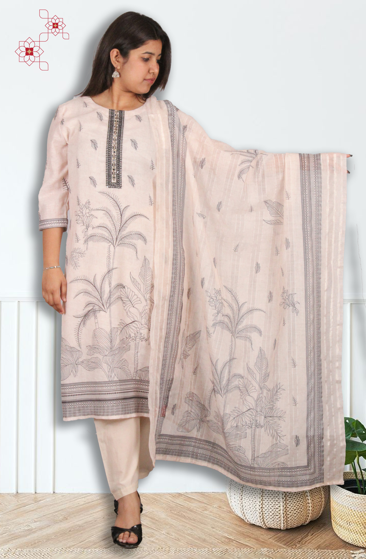 Beige Readymade Linen Printed Salwar Suit with Dupatta - 3105813630142 - Available Size M to XXL